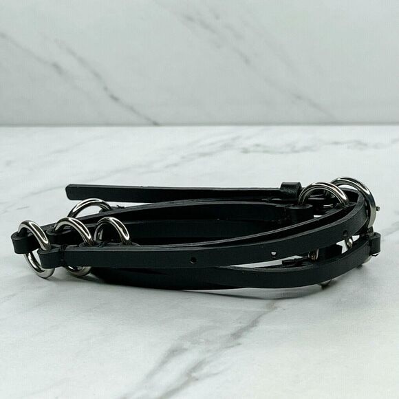 Black Skinny Faux Leather Circle Concho Belt Silver Hardware Large (L) ✨ - Picture 5 of 9